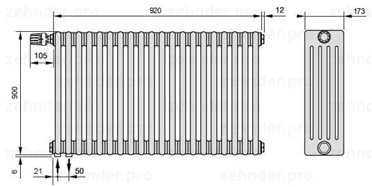 Схема (чертеж) Радиатор Zehnder Charleston 5090/20 №V001 Белый глянцевый RAL 9016